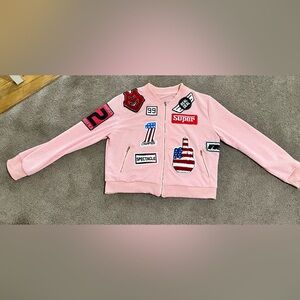 Pink Embroidered Patch Bomber Jacket - please read below